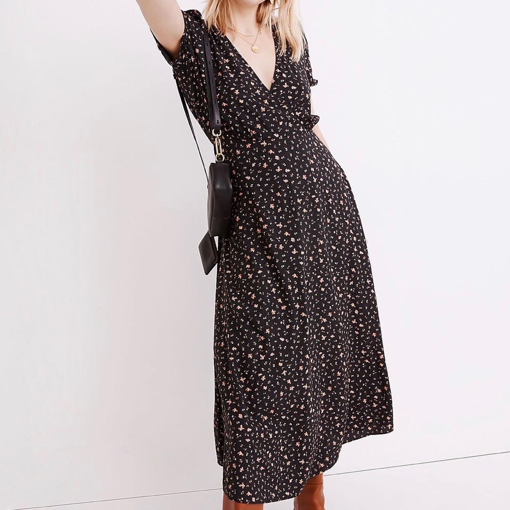 Puff-Sleeve Faux-Wrap Midi Dress in Stem Scatter